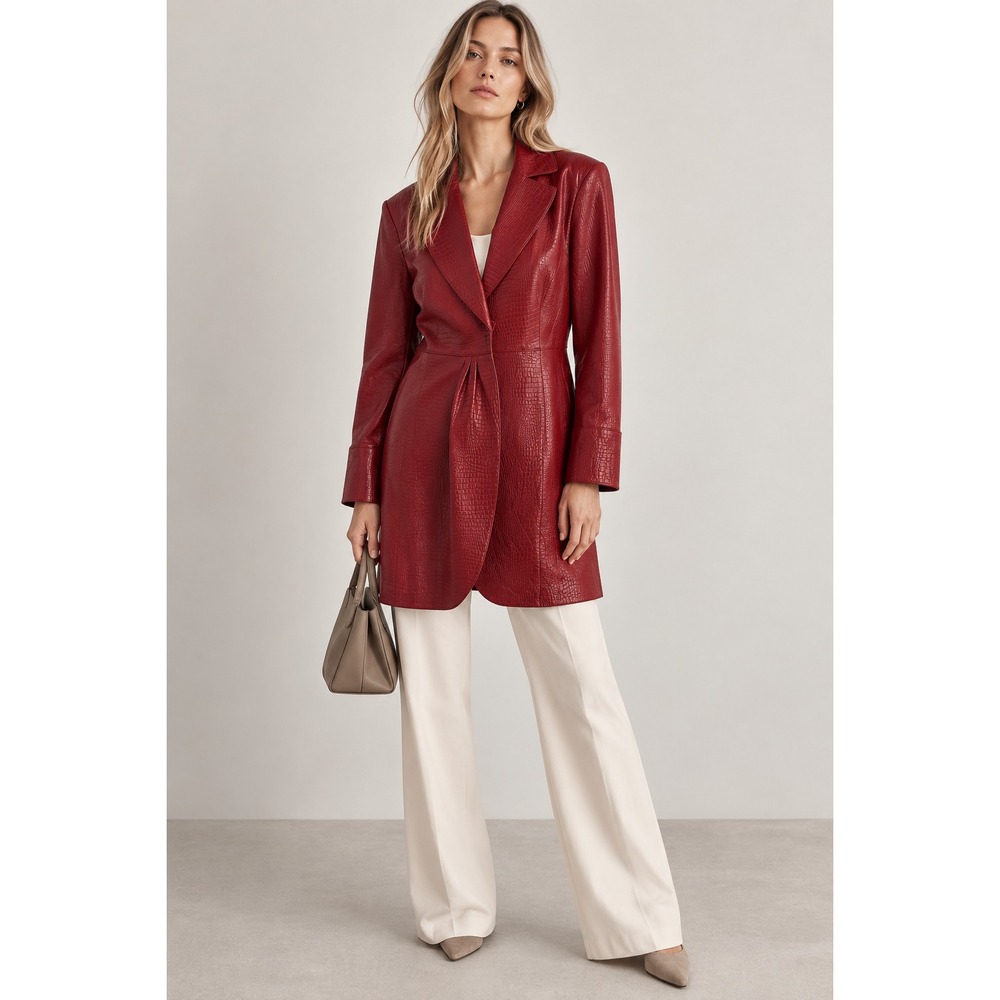 VTG Pamela McCoy  Long Coat Jacket Womens L Red Genuine Leather Croc Embossed